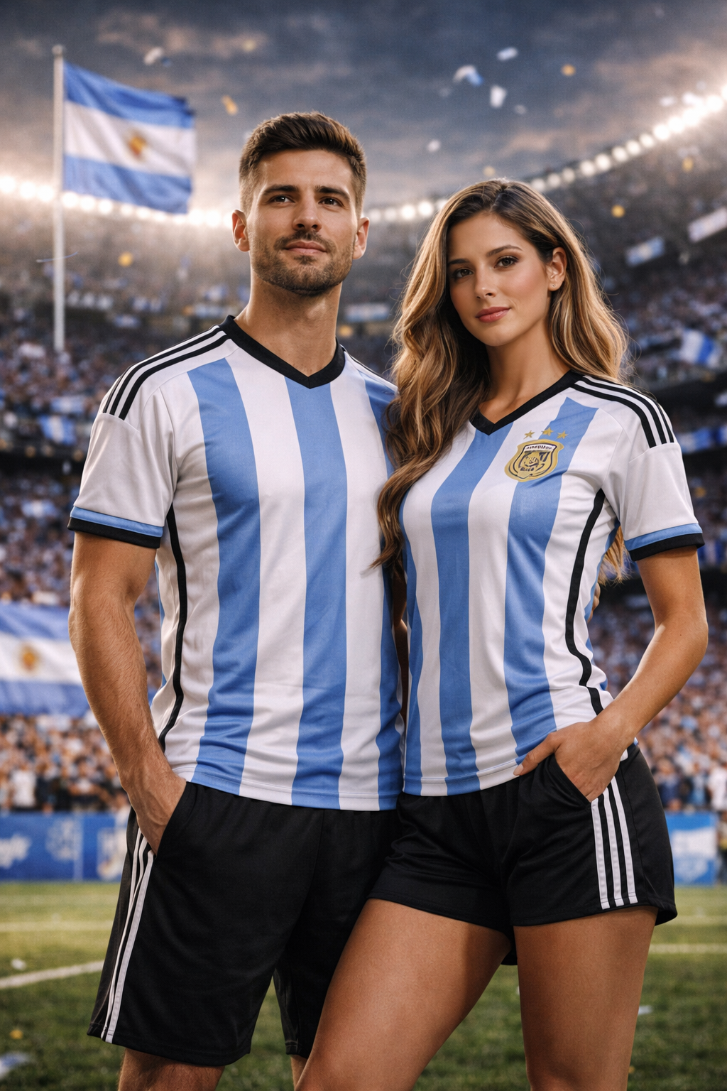 Two people wearing Argentina soccer jerseys on a stadium background