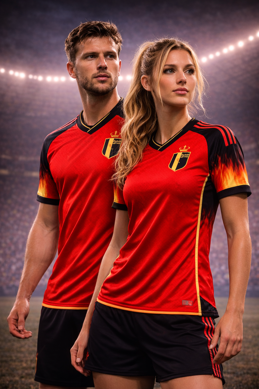 Belgium-Inspired Red & Black Football Jersey – Fan Edition Front Woman Couple