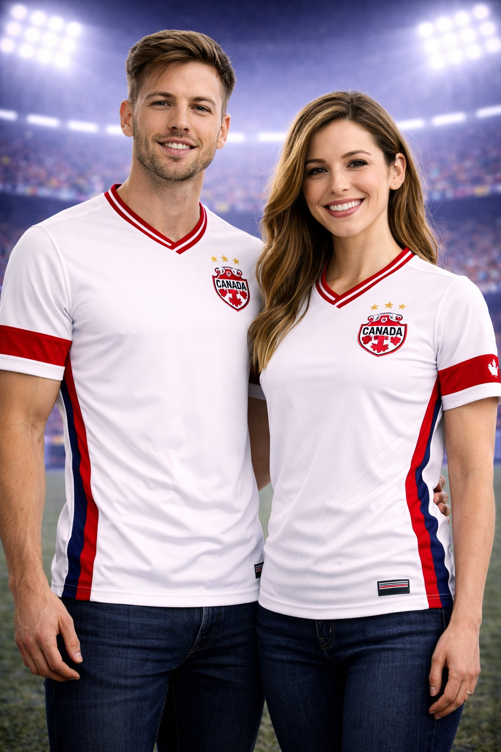 Two people wearing white sports jerseys with red and blue accents on a stadium background