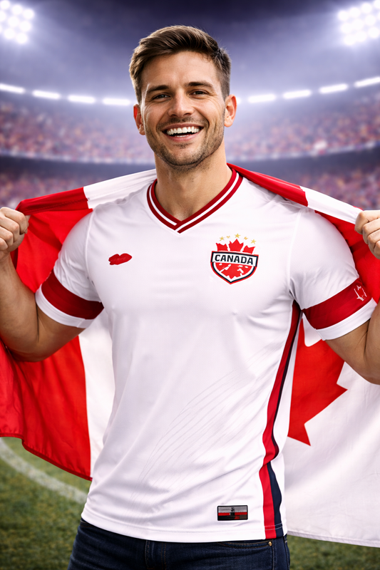 Man wearing a white sports jersey with red accents and a Canadian flag design, standing on a soccer field.