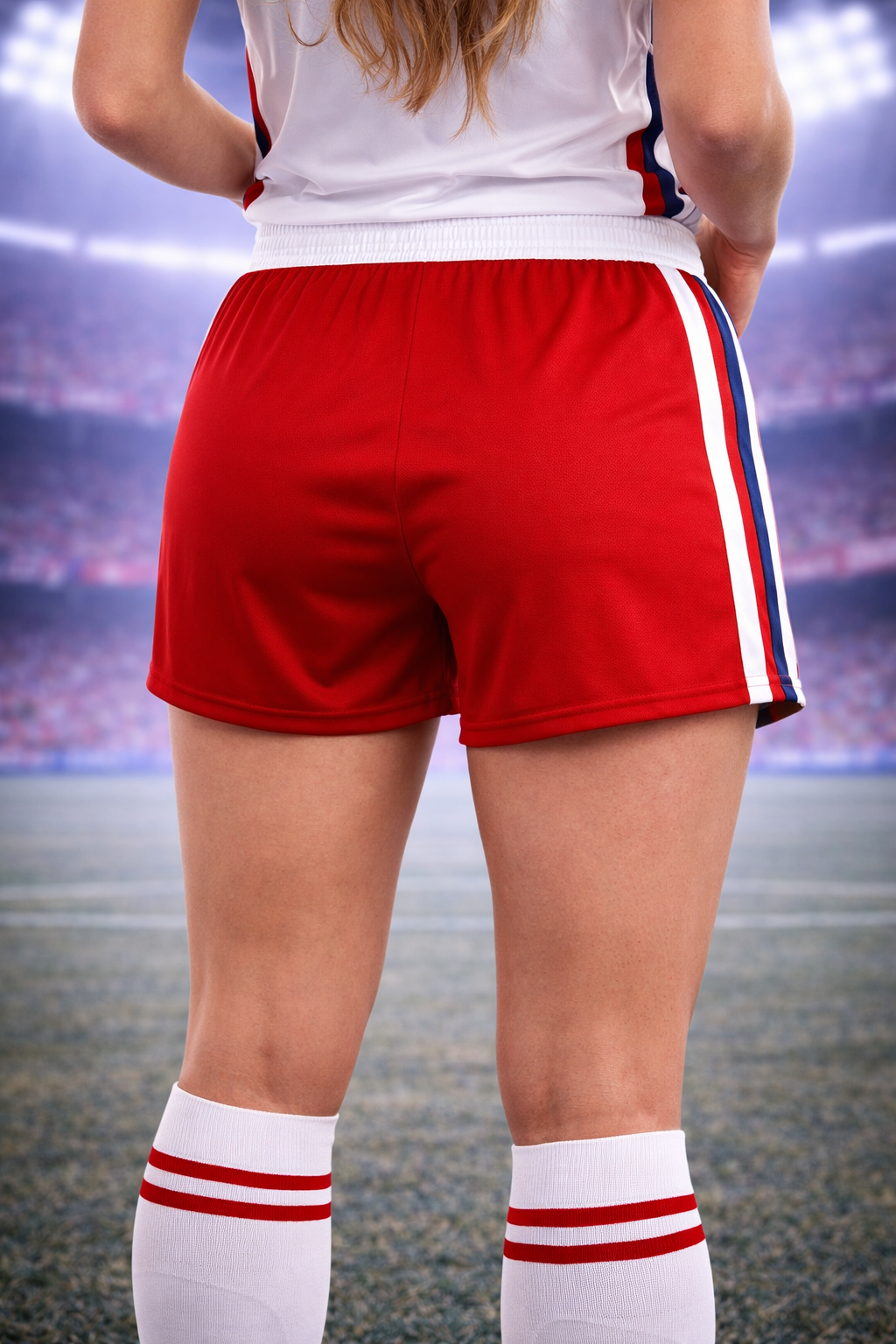 Person wearing red shorts with white and blue stripes on a sports field background
