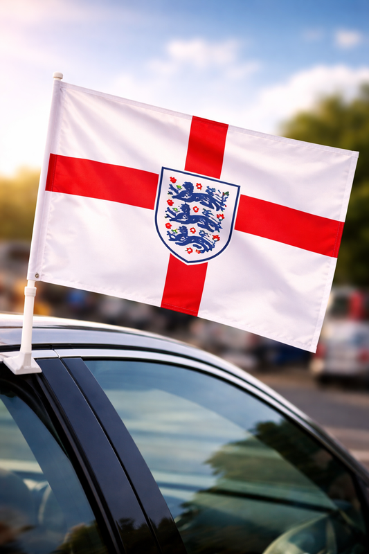 England-Inspired Car Flag – White & Red Fan Edition On Car