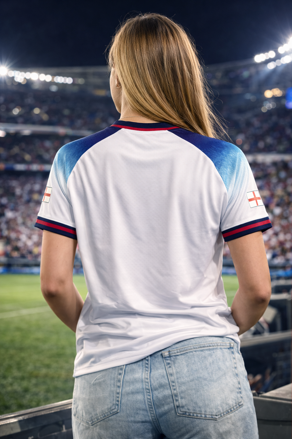 England-Inspired White & Blue Football Jersey – Fan Edition Woman Back