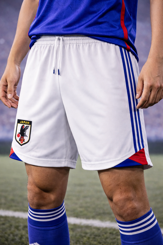 Japan-Inspired Men’s Football Shorts – White Blue Fan Edition Front