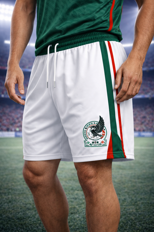 Mexico-Inspired Men’s Football Shorts – White, Green & Red Fan Edition Front