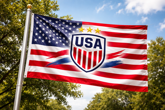 American flag with a blue shield featuring 'USA' text against a blue sky with trees.