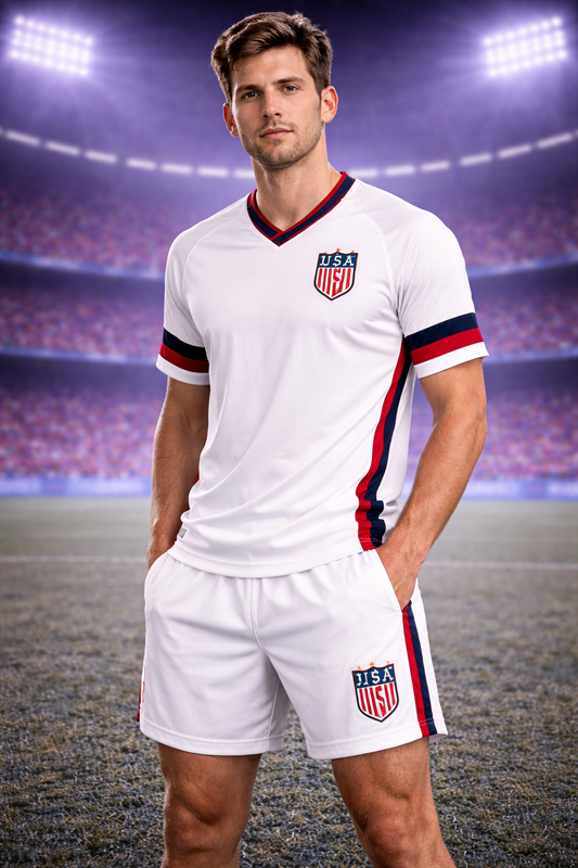 USA-Inspired Men’s Football Shorts – White, Red & Blue Fan Edition Front