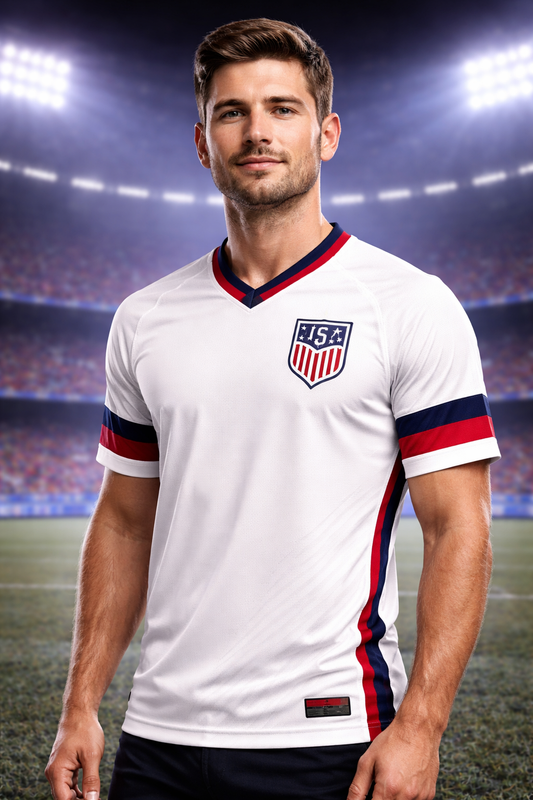USA-Inspired White Football Jersey – Red & Blue Fan Edition Front