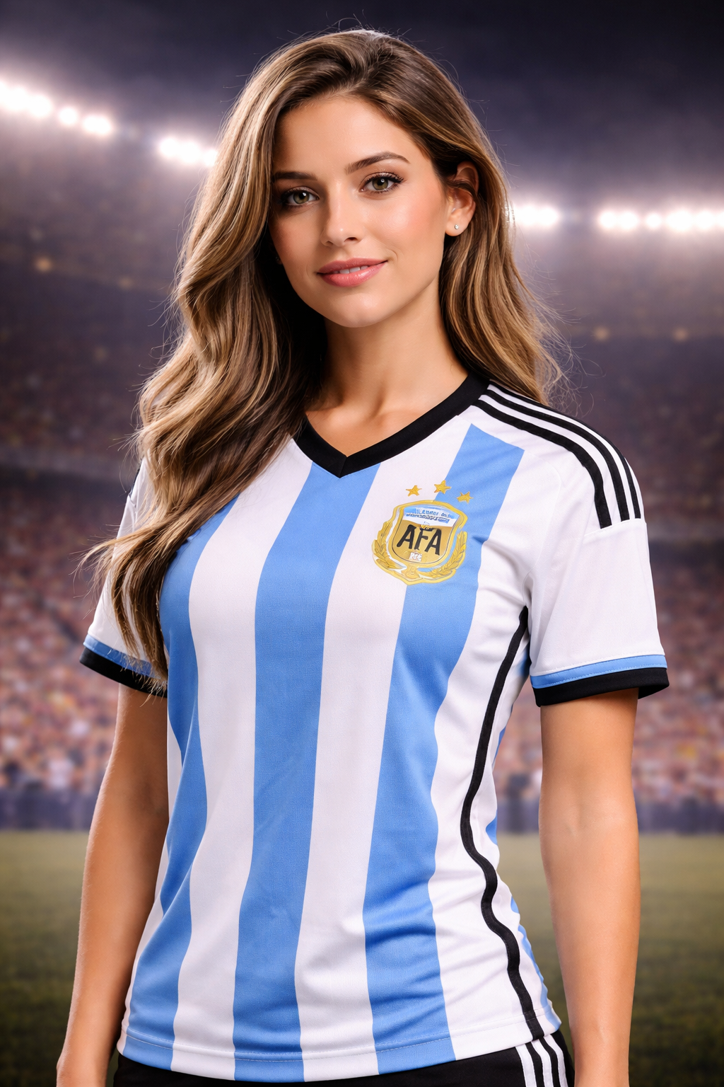 Woman wearing an Argentina soccer jersey with AFA logo on a stadium background