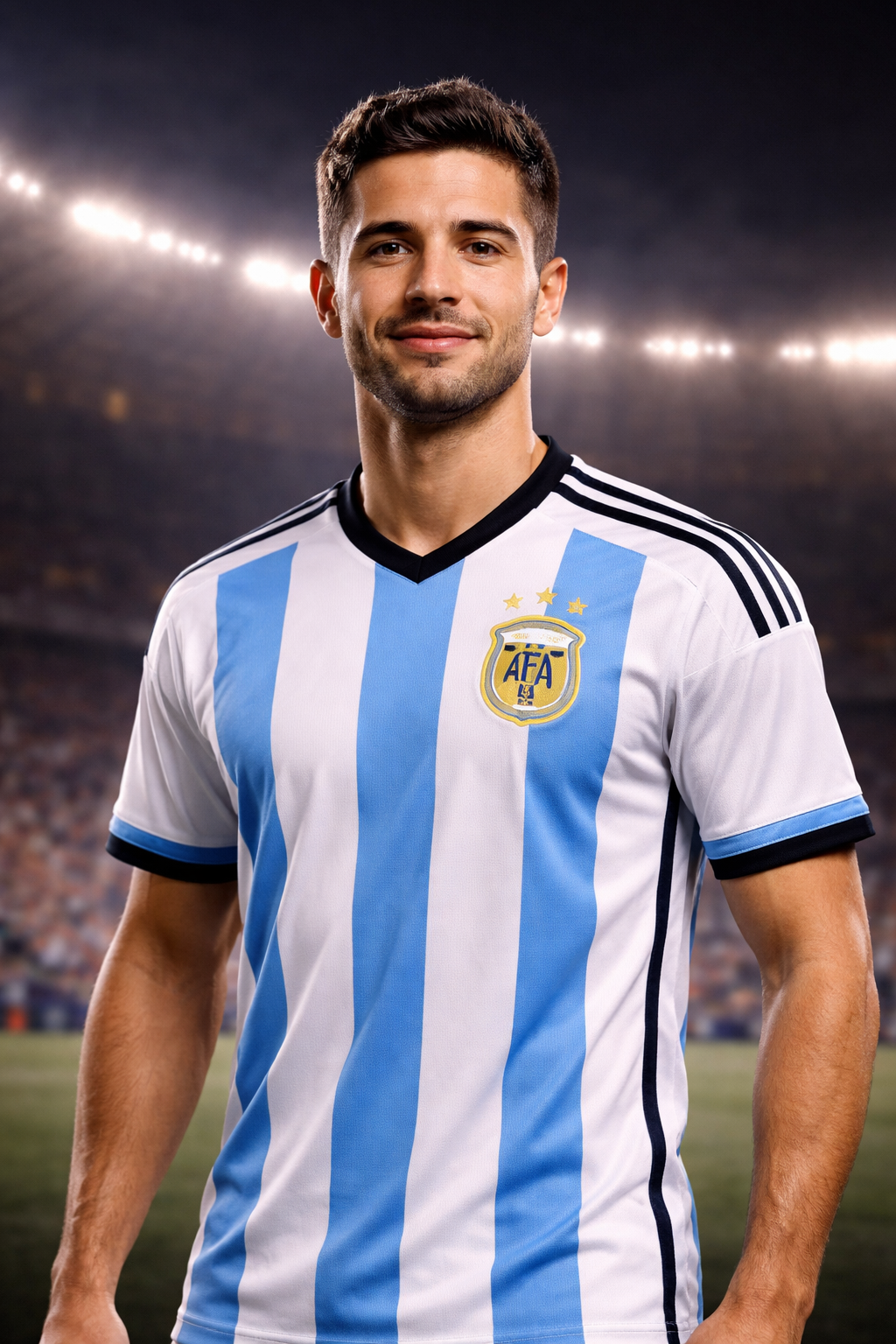Person wearing an Argentina national team soccer jersey on a stadium background