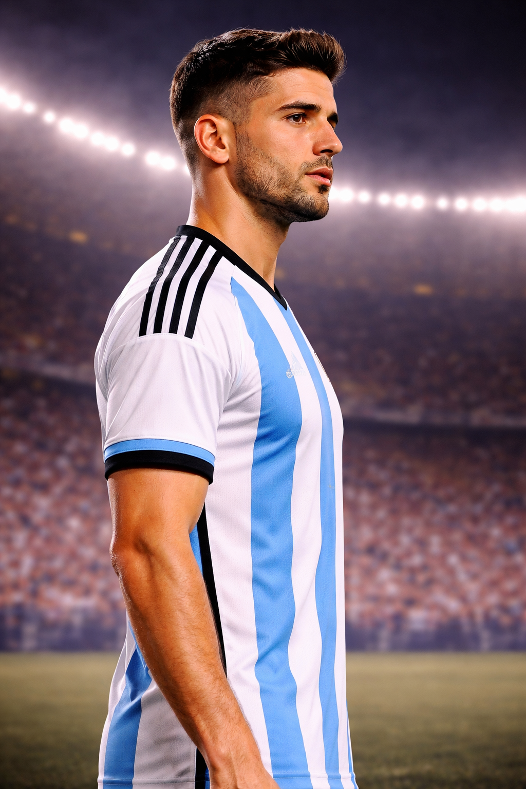 Man wearing a white and blue striped sports jersey with black accents on a stadium background