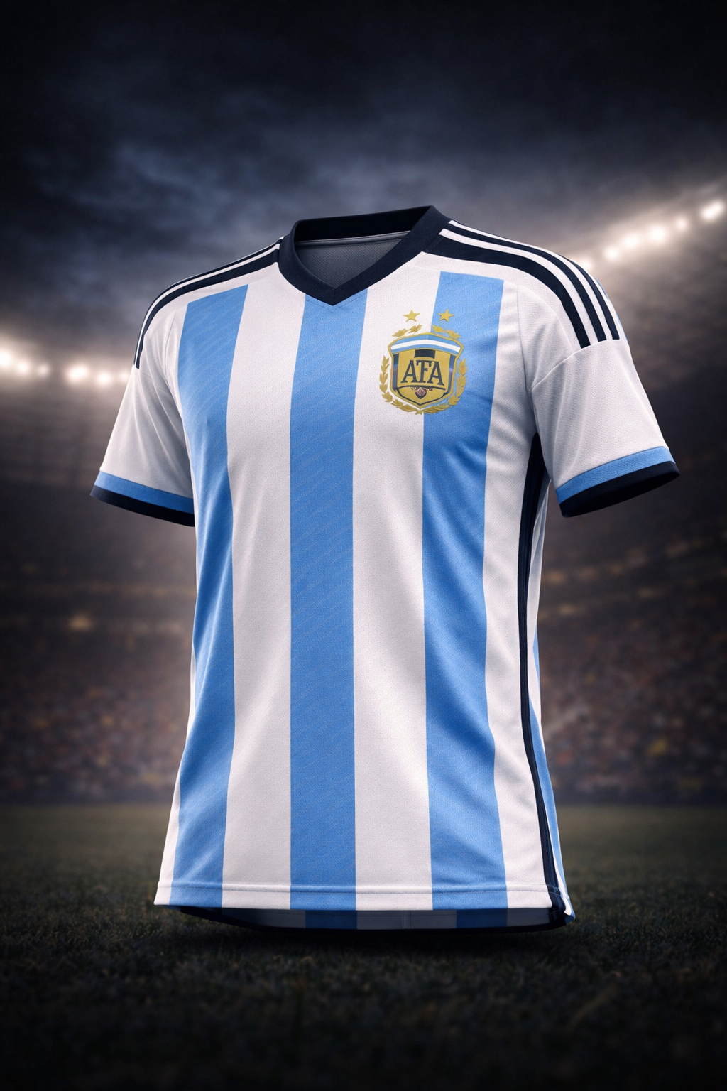 Argentina soccer jersey with blue and white stripes on a dark stadium background