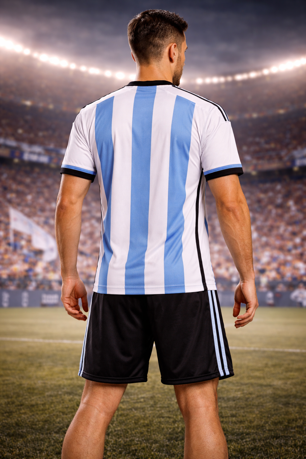 Person wearing a blue and white striped soccer jersey with black shorts on a stadium background