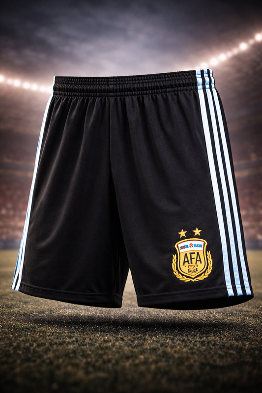 Black soccer shorts with white stripes and AFA logo on a stadium background