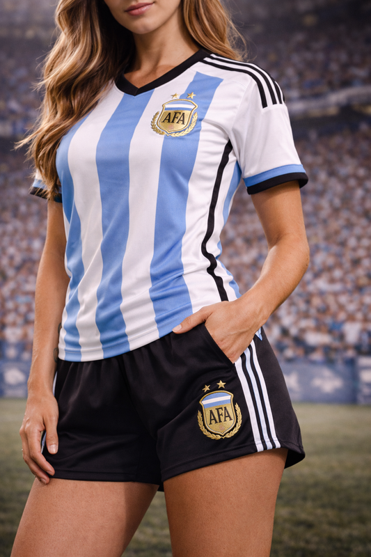 Person wearing an Argentina soccer jersey and shorts with AFA logo on a stadium background