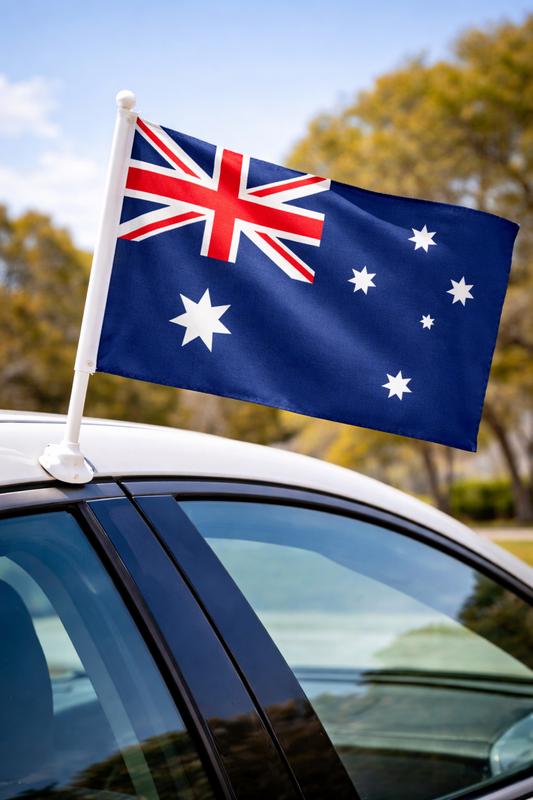 Australia-Inspired Car Flag – Blue Red Fan Edition on car