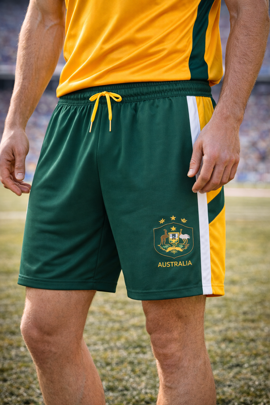Australia-Inspired Men’s Football Shorts – Green Gold Fan Edition Front