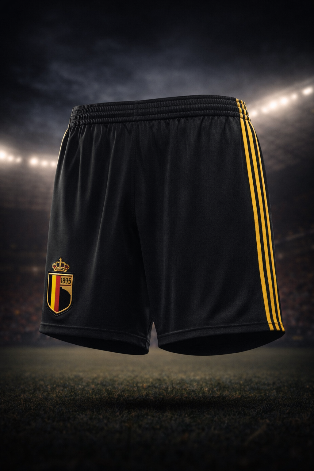 Black shorts with yellow stripes and a logo on a dark background