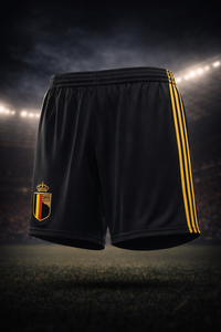 Black shorts with yellow stripes and a logo on a dark background