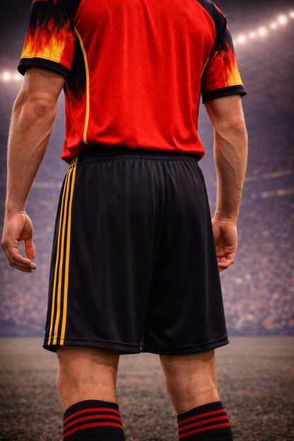 Person wearing a red sports jersey with black shorts and socks on a blurred stadium background