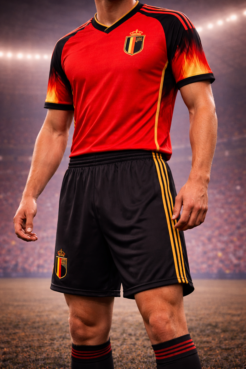 Person wearing a red and black sports jersey with a logo on a stadium background