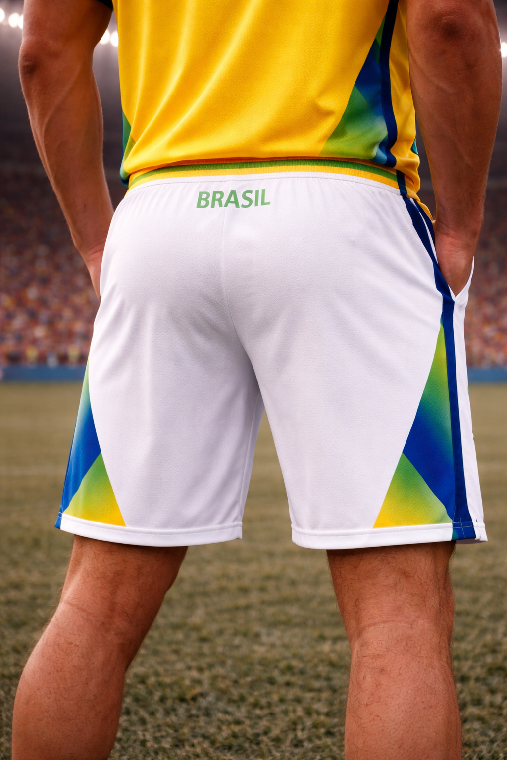 Brazil-Inspired Men’s Football Shorts – Yellow & Green Fan Edition Back