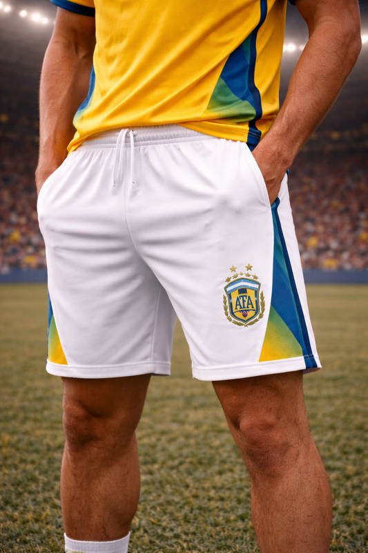 Brazil-Inspired Men’s Football Shorts – Yellow & Green Fan Edition Front
