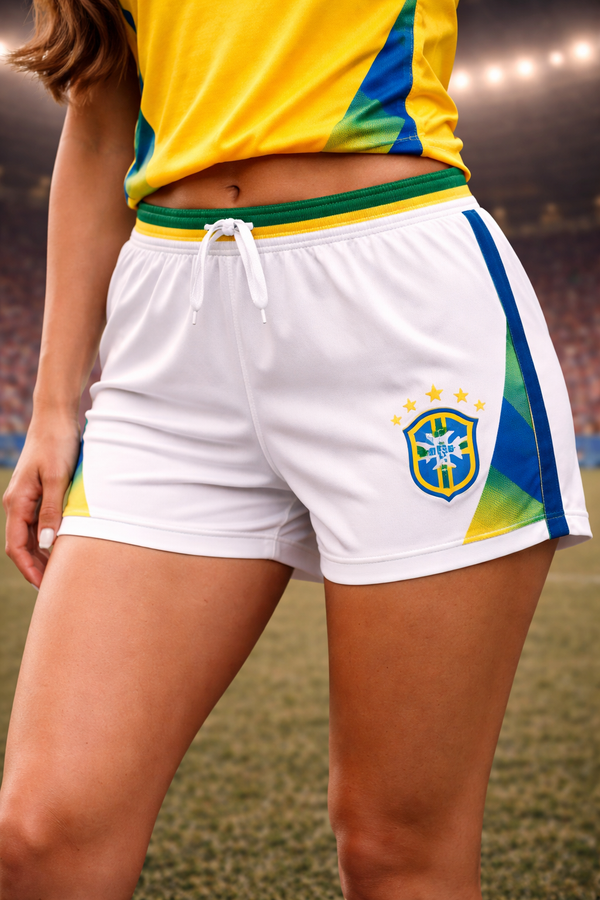Brazil-Inspired Women’s Football Shorts – Yellow & Green Fan Edition Front