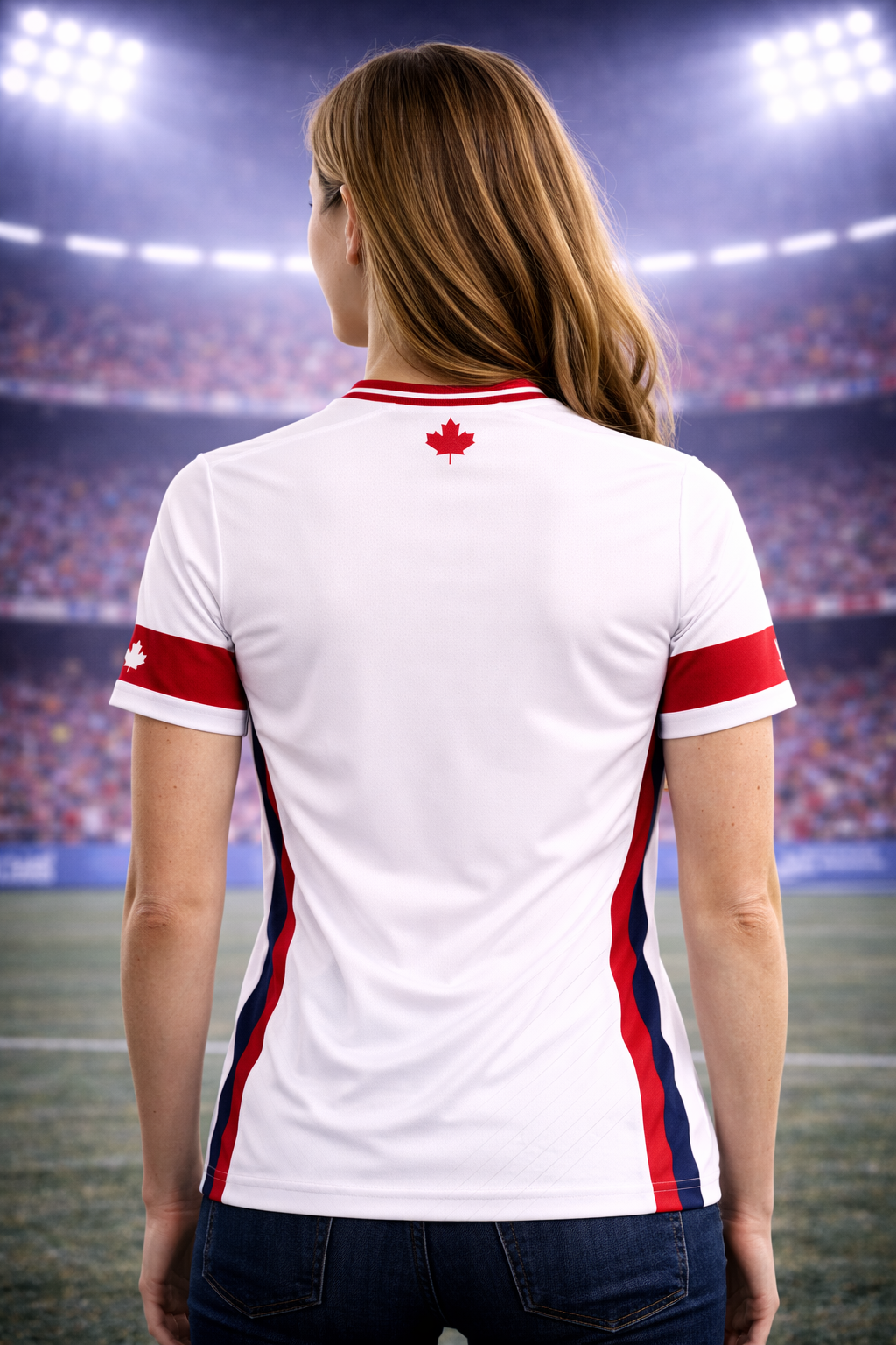 woman wearing a white sports jersey with red and blue accents on a stadium background