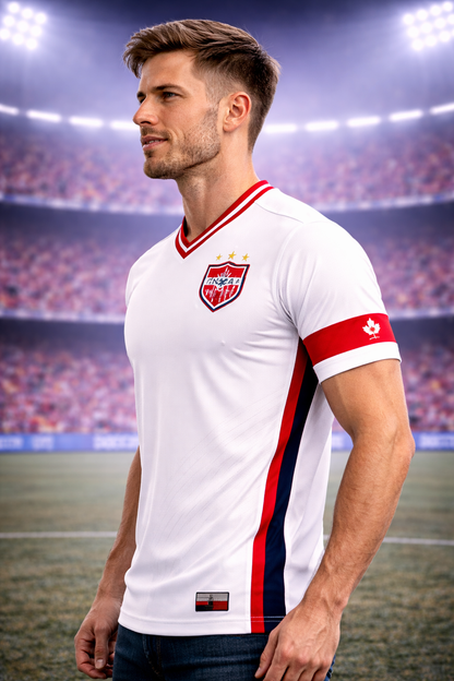 Man wearing a white sports jersey with red and blue accents on a stadium background