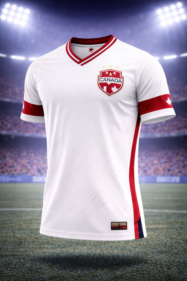 White soccer jersey with red accents on a stadium background