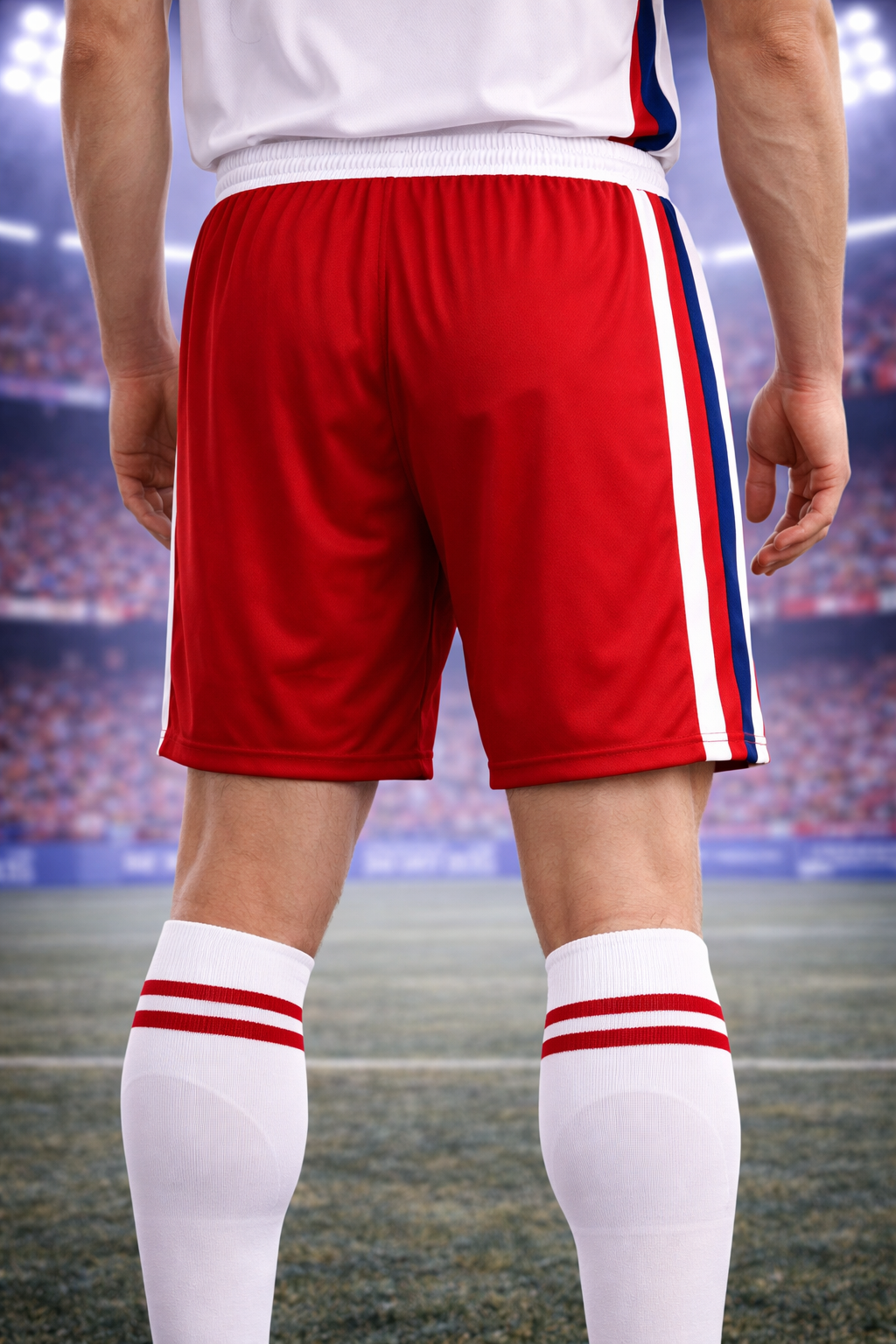 Red sports shorts with white and blue stripes worn by a person on a sports field background.