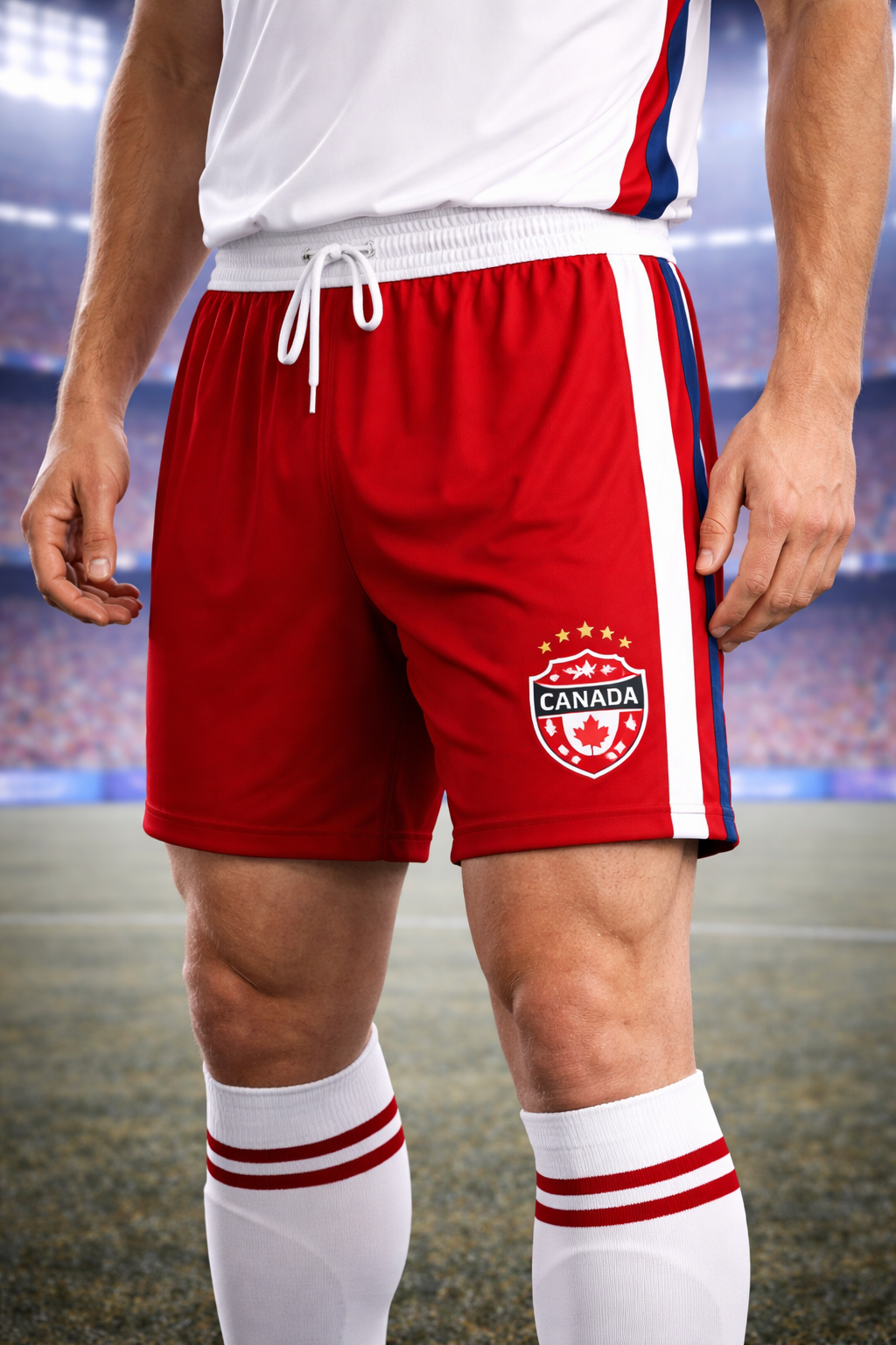 Red sports shorts with a Canada logo on a blurred stadium background