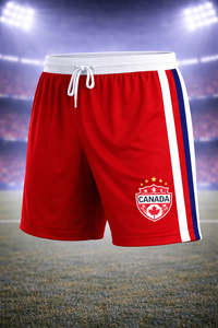 Red shorts with a Canada logo on a sports field background