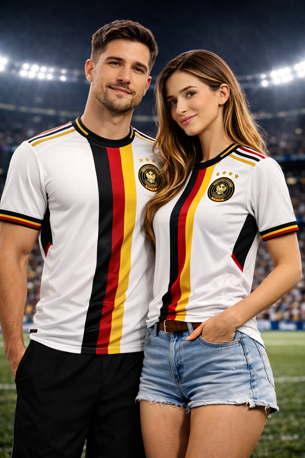 Germany-Inspired Football Jersey – Black Red Gold Fan Edition - couple standing in stadium