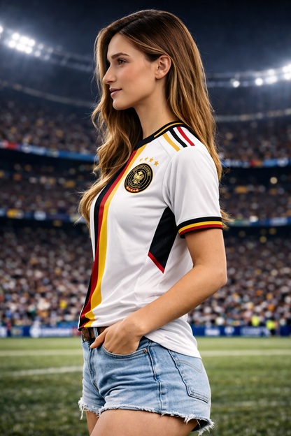 Germany-Inspired Football Jersey – Black Red Gold Fan Edition - couple standing in stadium - Girl Side View