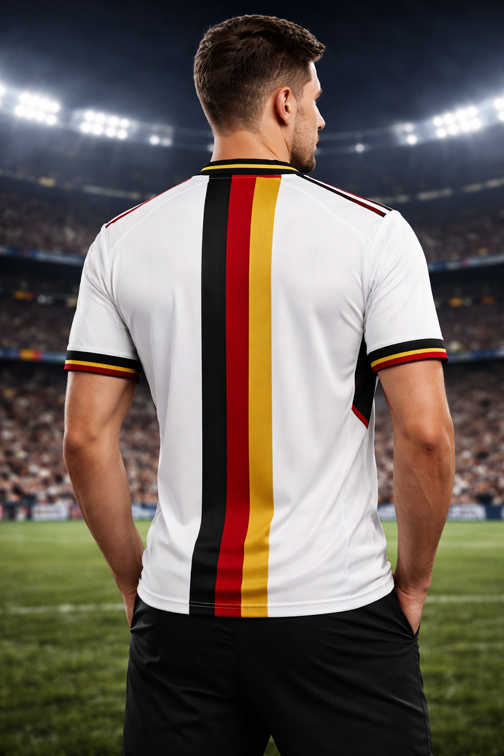 Germany-Inspired Football Jersey – Black Red Gold Fan Edition - couple standing in stadium - Man Back 