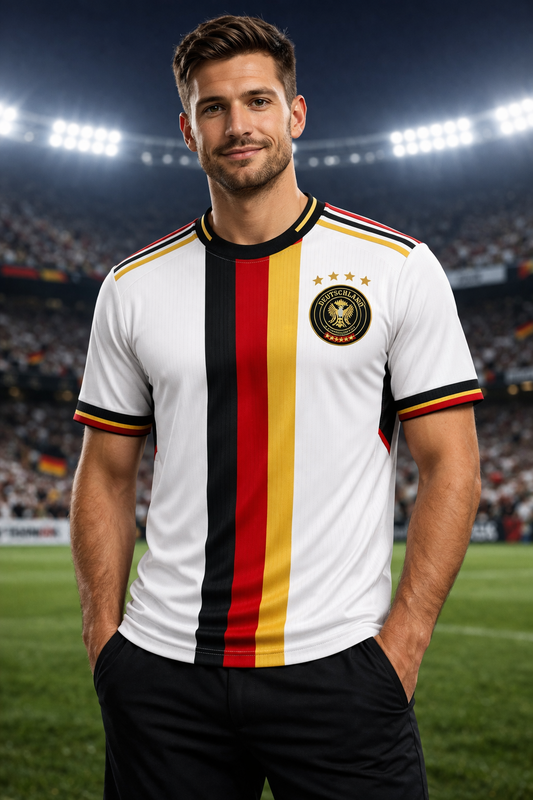 Germany-Inspired Football Jersey – Black Red Gold Fan Edition - couple standing in stadium - Man Front View