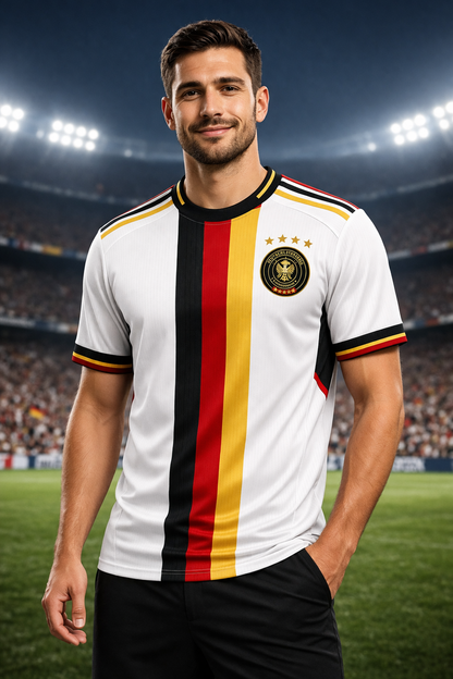 Germany-Inspired Football Jersey – Black Red Gold Fan Edition - couple standing in stadium - Man Front View Stadium View