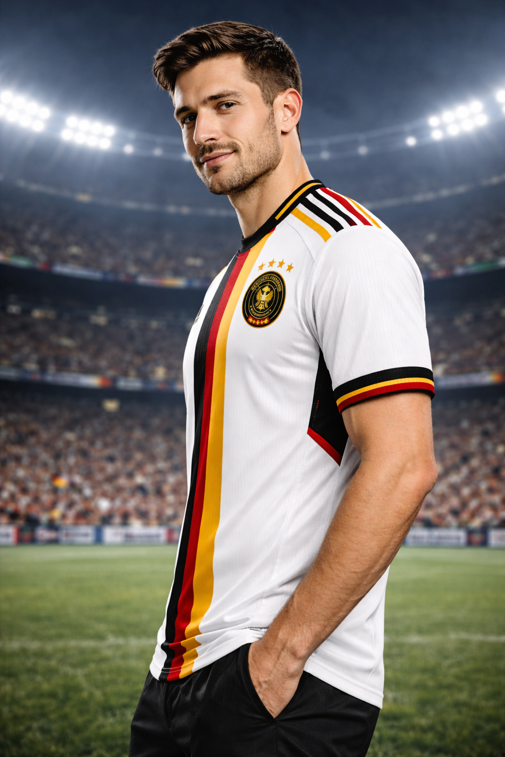 Germany-Inspired Football Jersey – Black Red Gold Fan Edition - couple standing in stadium - Man Side View
