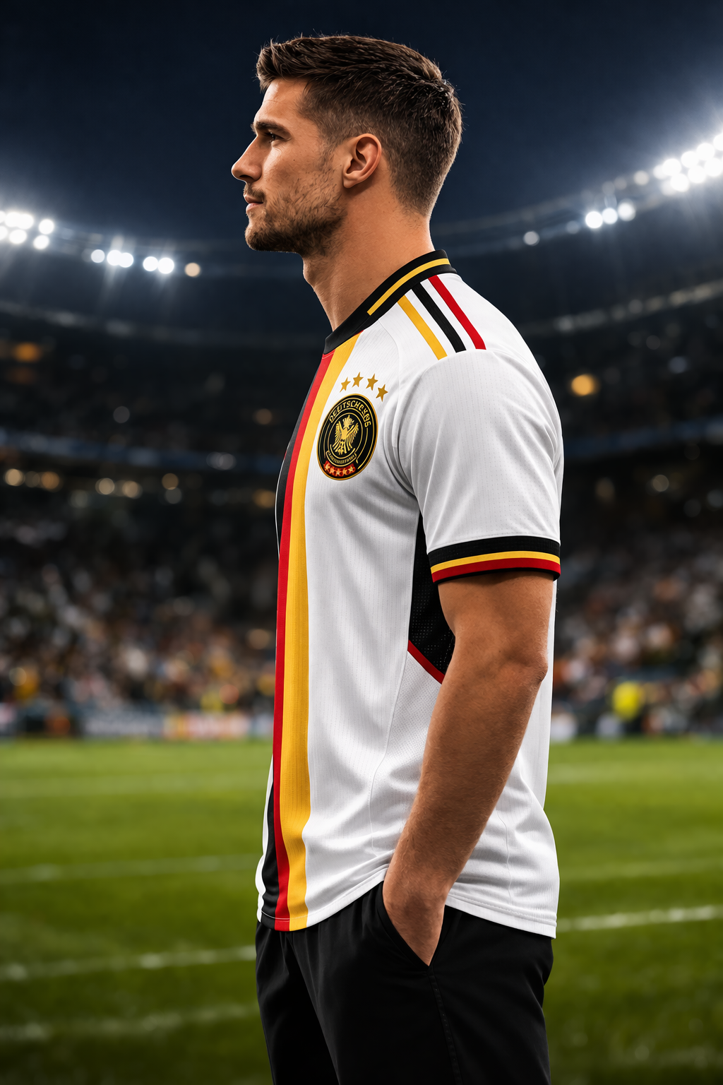 Germany-Inspired Football Jersey – Black Red Gold Fan Edition - couple standing in stadium - Man Side View stadium night