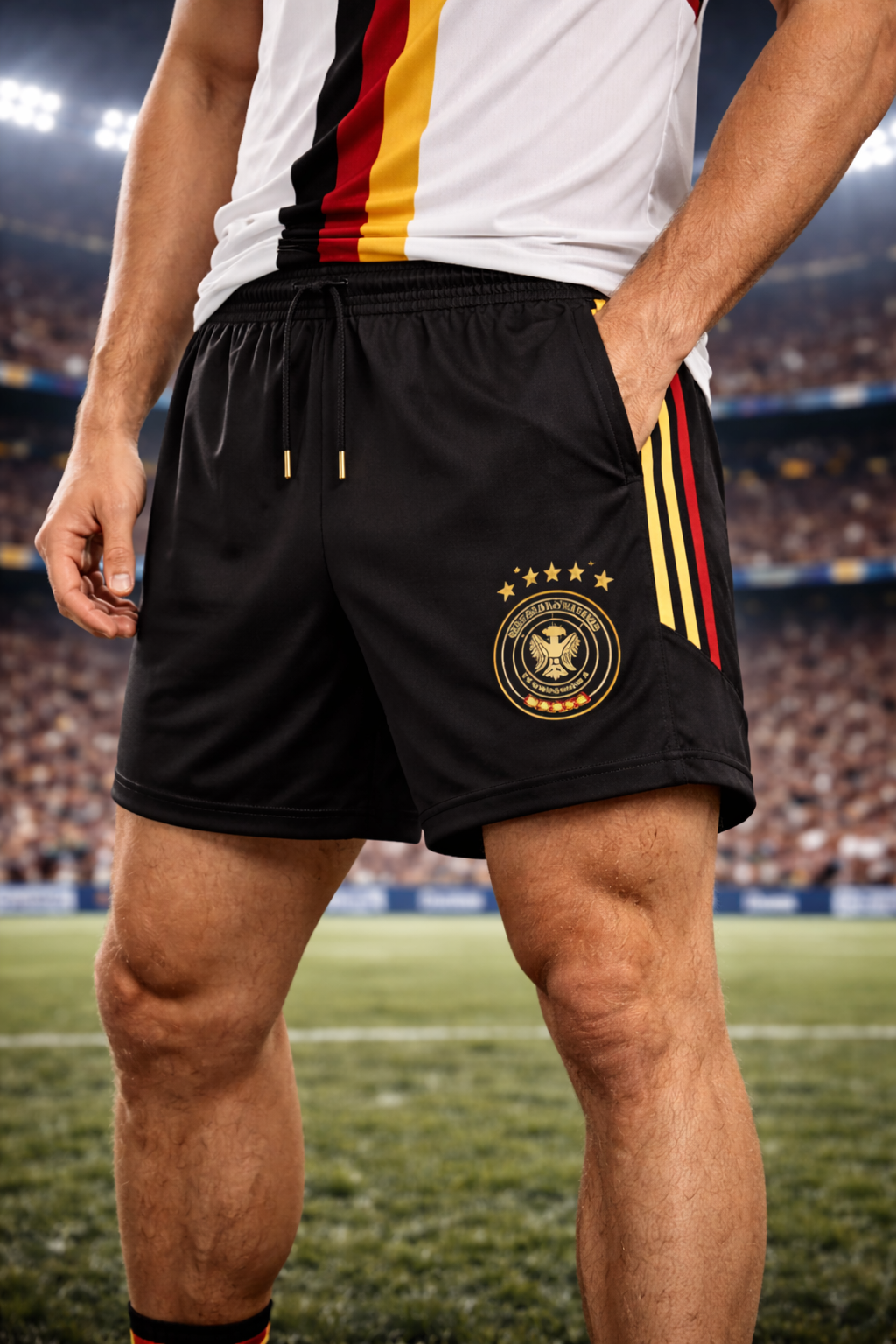 Germany-Inspired Men’s Football Shorts – Black Red Gold Fan Edition Front