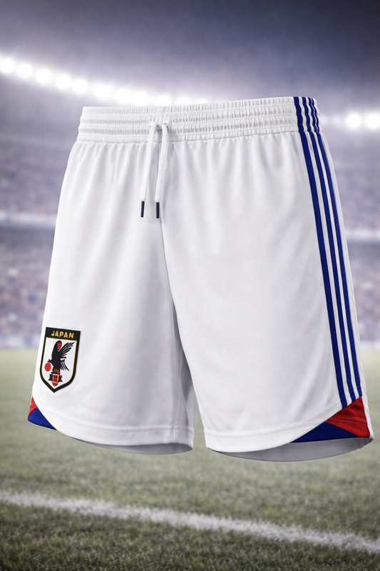 Japan-Inspired Men’s Football Shorts – White Blue Fan Edition Front 1