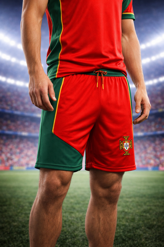 Portugal-Inspired Men’s Football Shorts – Red & Green Fan Edition Front