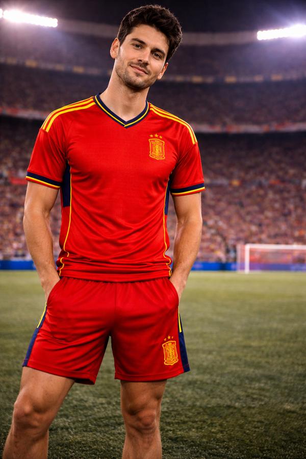 Spain-Inspired Men’s Football Shorts – Red & Yellow Fan Edition Front