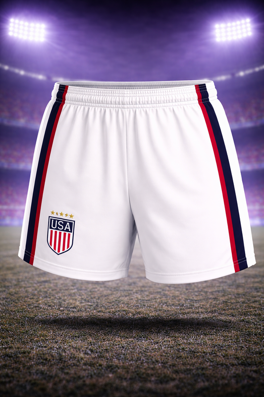 USA-Inspired Men’s Football Shorts – White, Red & Blue Fan Edition