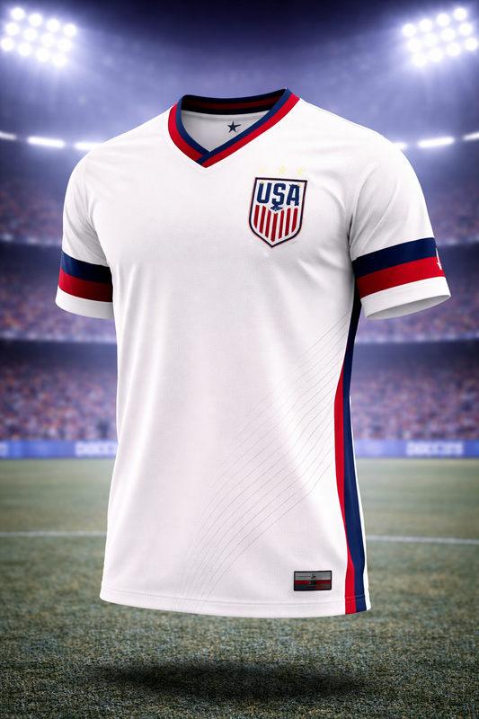USA-Inspired White Football Jersey – Red & Blue Fan Edition